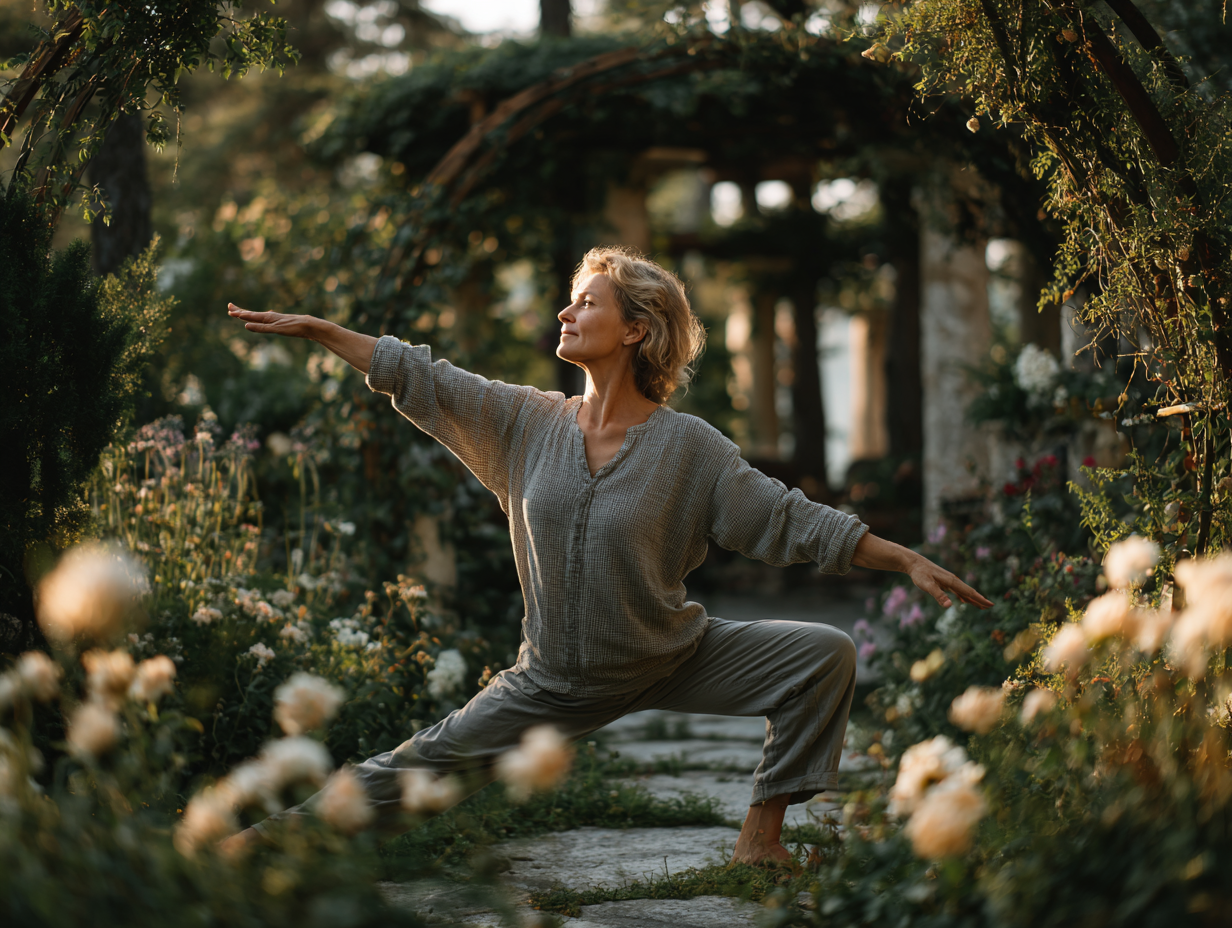 Група людей зрілого віку займається йогою на природі