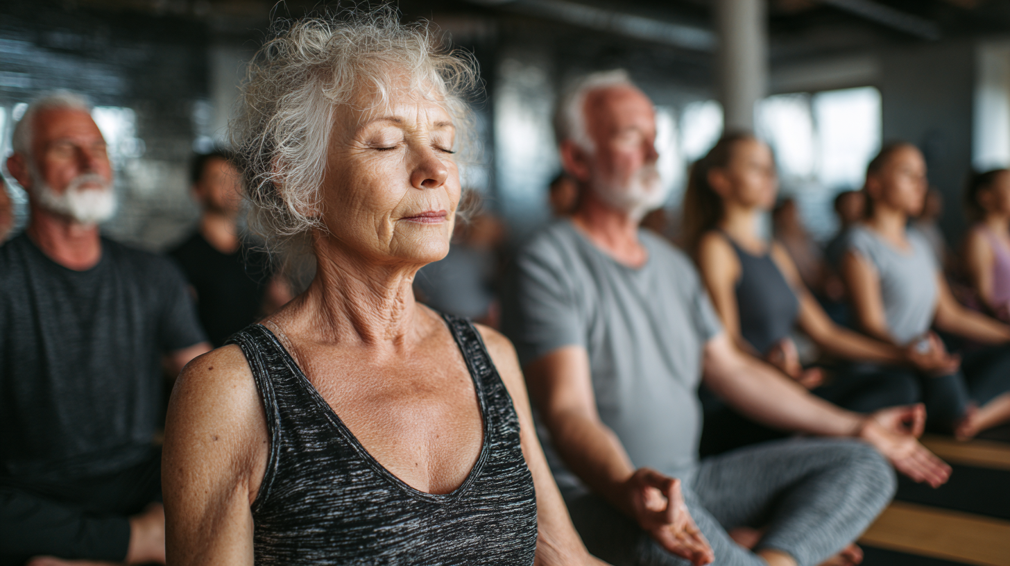 Старша жінка медитує в саду серед квітів